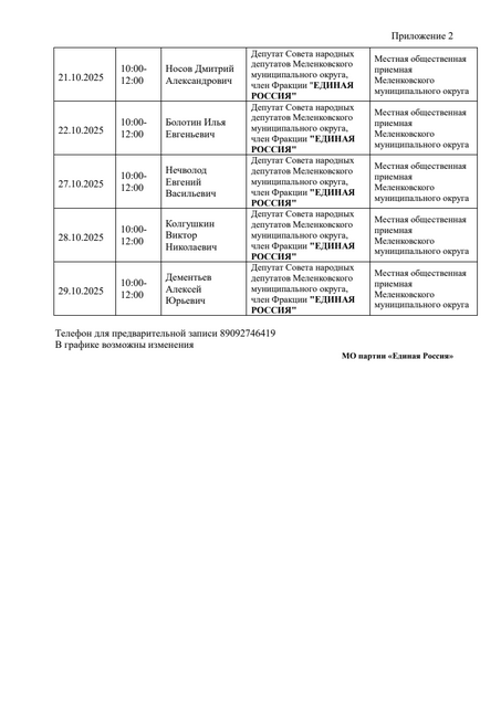 Меленковский МО График приёма в МОП в октябре 2025г. 2